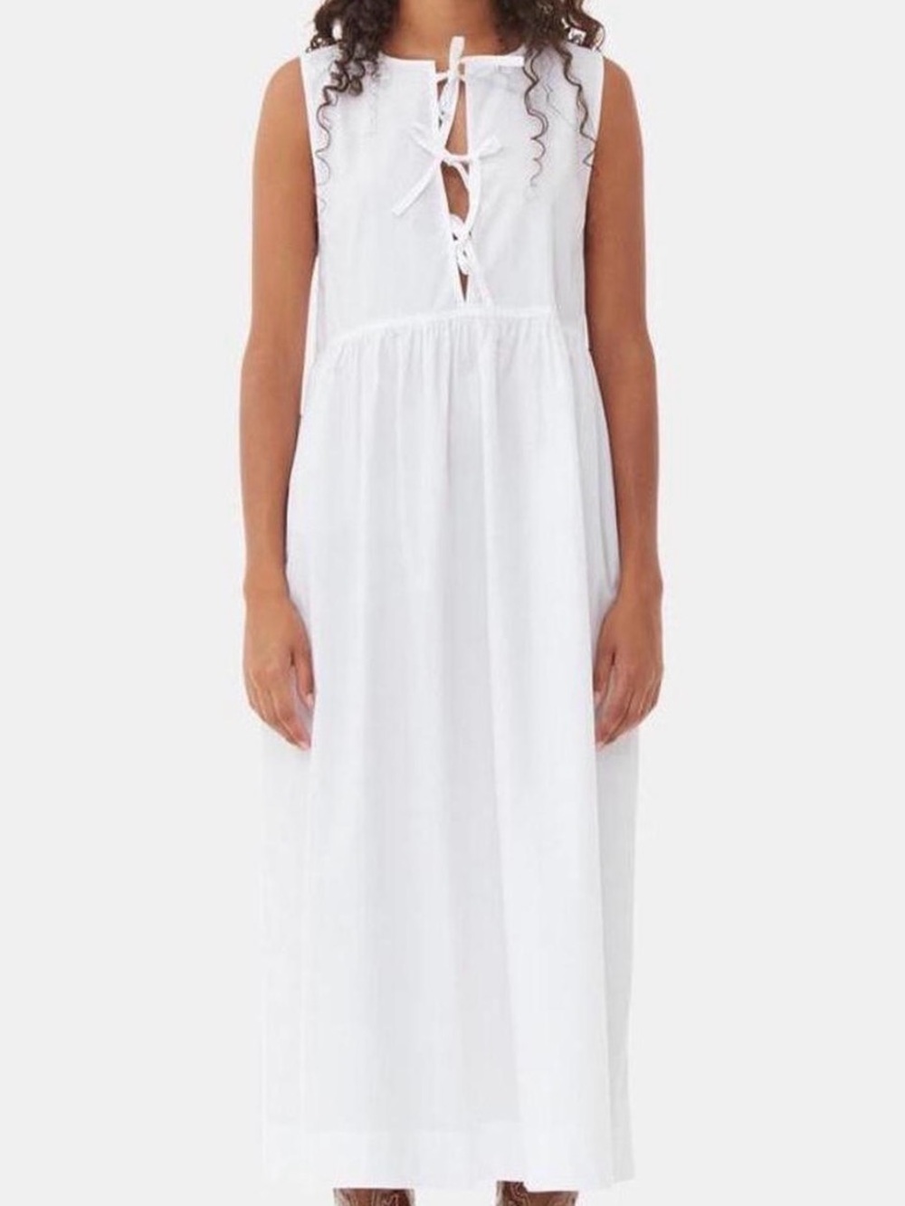 Ganni White Sleeveless Midi Tie-Front Cotton Dress